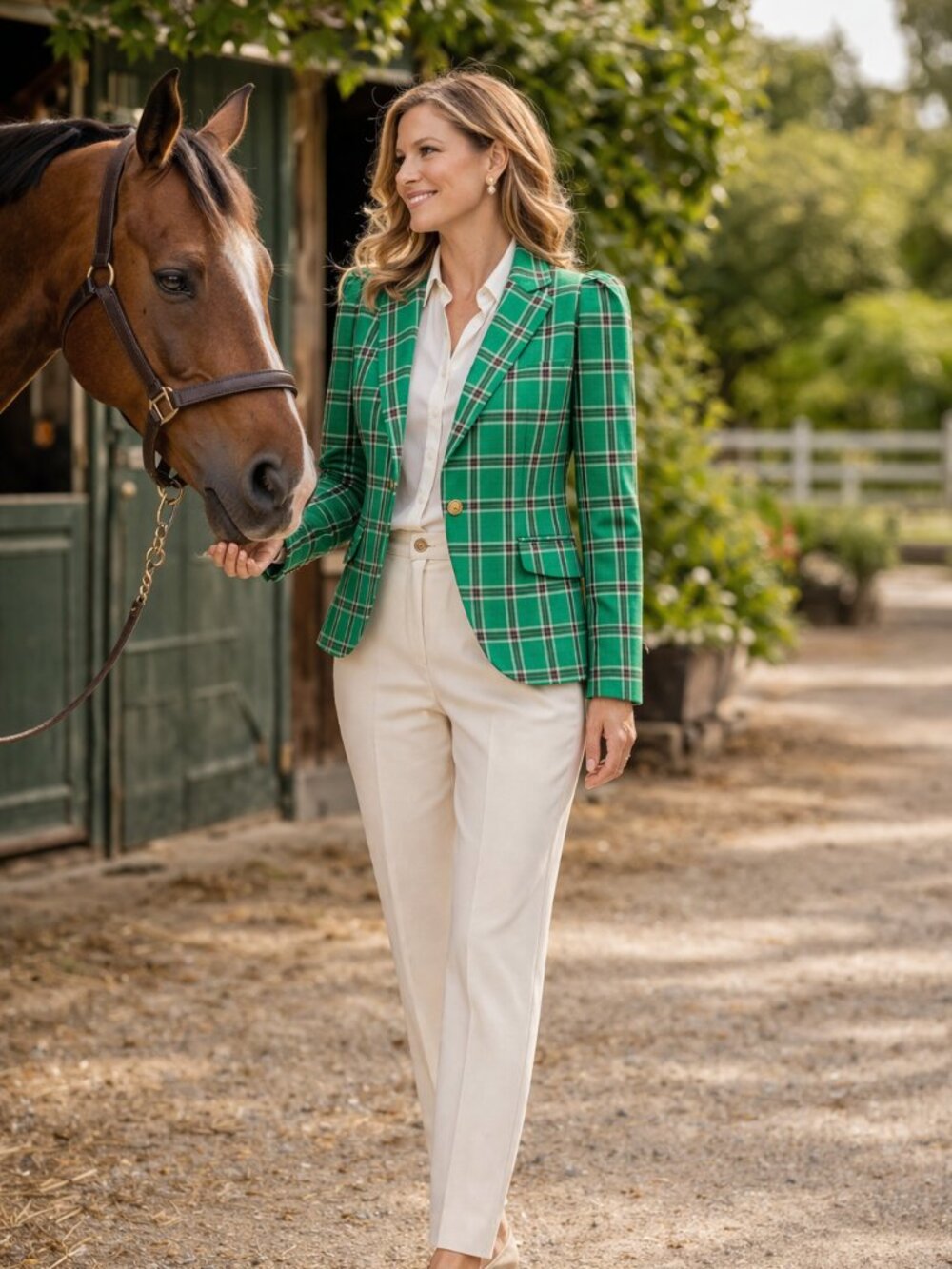 Smythe Kelly Green Plaid Puff Sleeve Blazer Cotton
